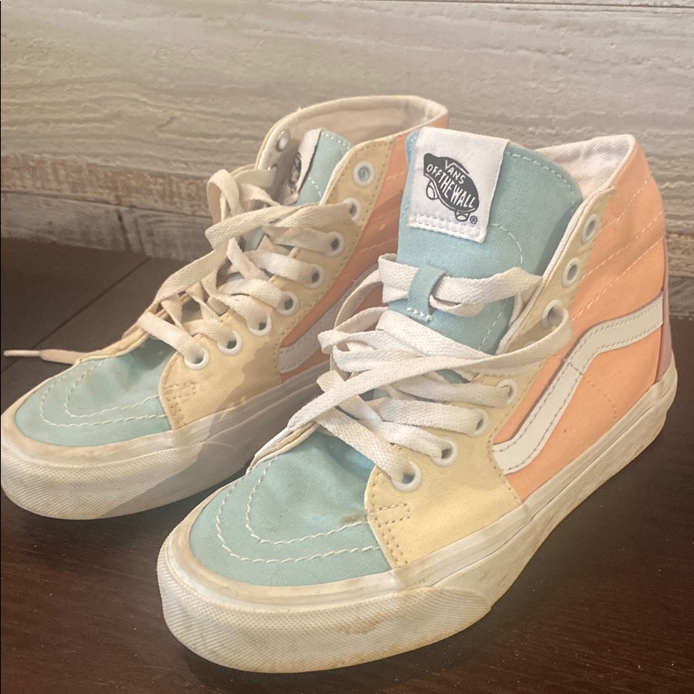 Vans High-Top Sneakers in Blue, Peach, and Cream